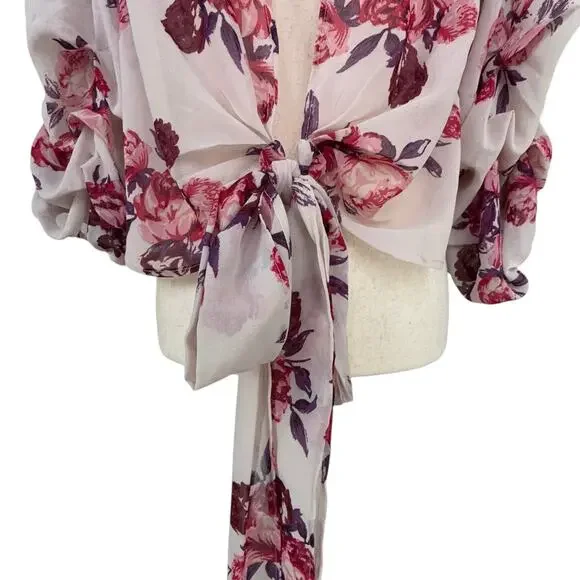 Live 4 Truth Floral Tie Front Kimono Crop Top Boho Puff Sleeve Cardigan XS NWT - Picture 8 of 10